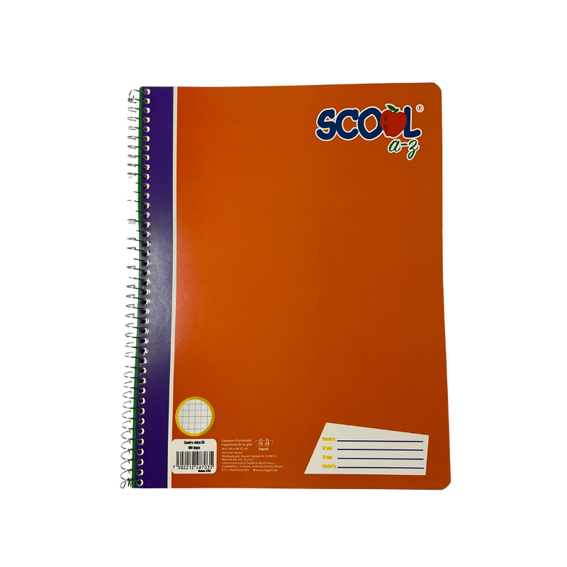 cuaderno profesional de la marca SCRIBE con espiral sencillo de 100 hojas de cuadro grande de 7 milímetros.